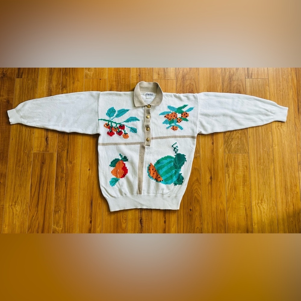 80s Vintage Capricci Knitwear Fruit Patterned Cream Sweater - Picture 5 of 16